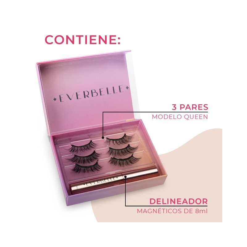 Pestañas Magnéticas Premium EVERBELLE 3pack + Delineador Queen