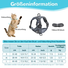 Adjustable Cat Harness, Escape-Proof, Cat Harness with Lead Set, Soft Harness for Cats, Kittens, Dogs, Puppies (Grey-M)