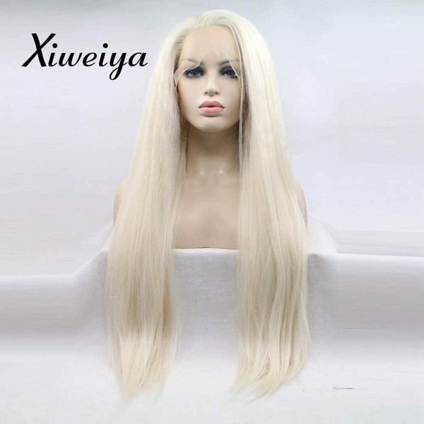 Xiweiya 60# White Blonde Color Yaki Straight Wig Long Hair Wig Synthetic Lace Front Wigs Heat resistant Fiber Hair For Women 24 inch