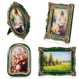 Geetery 4 Pcs Green Gothic Vintage Picture Frame Set Victorian Antique Ofrenda Photo Picture Frame Small Luxury Wall Hanging Decor for Gallery Wall Photo Display Tabletop Home Decoration