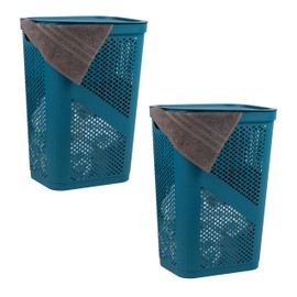 Mind Reader 60L Slim Laundry Hamper, Clothes Basket, Lid, Ventilated, Plastic, 17.25"L x 13.75"W x 23.5"H, Set of 2, Blue