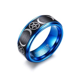 PJ JEWELRY 8mm Mens Black Blue Wicca Pagan Pentagram Triple Moon Goddess Matte Finished Tungsten Carbide Band Ring