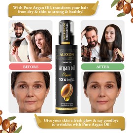 ALFZON PREMIUM 100% Pure Moroccan Argan Oil - USDA Organic, Cold Pressed | Hair Growth & Moisturizer for Dry, Oily, Damaged, Curly & Frizzy Hair, Skin, Face & Beard | Additive-Free, Anti-Aging, 3.38 oz