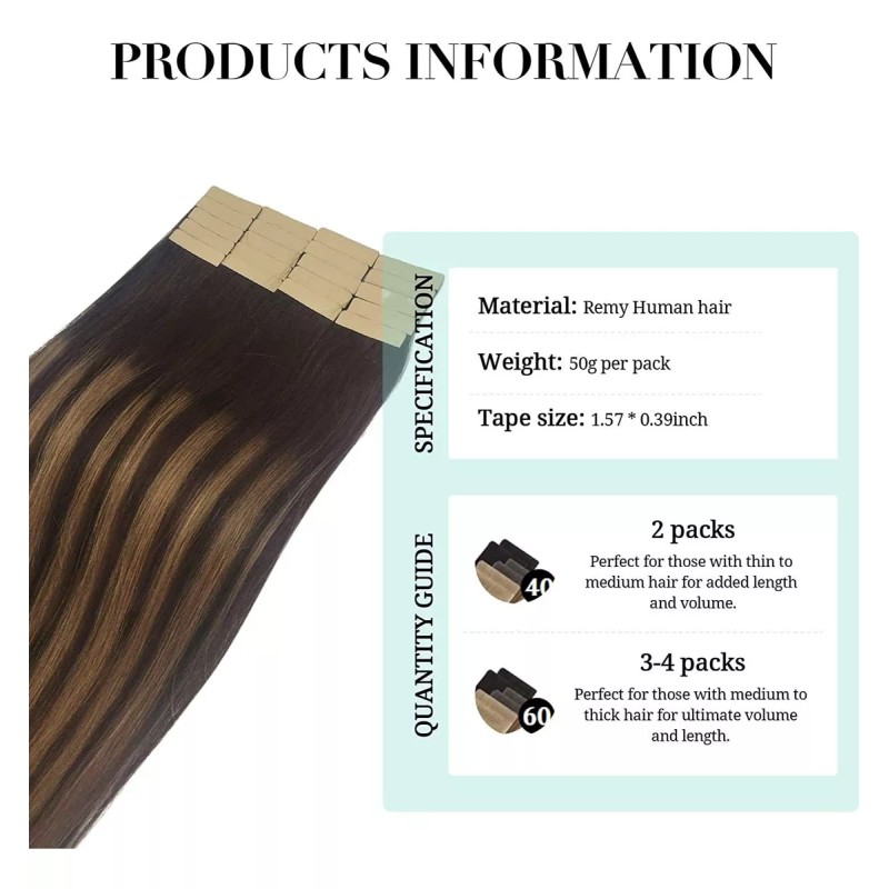 Doores Extensiones Cabello Humano 50gr 14in Balayage Marrón Oscuro