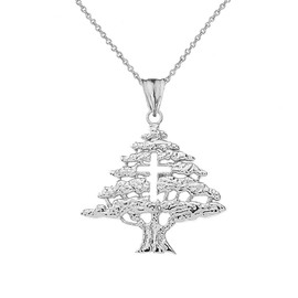 Fine Sterling Silver Lebanese Cedar Tree with Cut-Out Cross Pendant Necklace, 16"