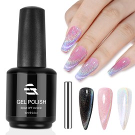 editTime Sparkling Cat Eye Magnetic Gel Nail Art Polish 15ML Translucent Jelly Color Magnet Bulb Holographic Glitter Soak Off Nail Vanish (2-Laser, 15ML)