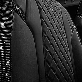 CAR PASS Black Diamond NAPPA Leather Cushioned 1 Pair Bling Seat Covers Front only,Waterproof Heavy-duty Anti-slip,Universal Fit for 95%Auto SUV Sedan Truck, Glitter Sparkle Shining (Black Rhinestone)