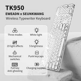 TK950 Wireless Typewriter Keyboard and Mouse Combo,104 Keys Retro Typewriter Mechanical Keyboard with White Backlit, Anti-Ghosting, Blue Switch, Bluetooth/2.4G/Wired Cute Gaming Keyboards-White