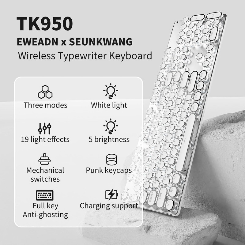 TK950 Wireless Typewriter Keyboard and Mouse Combo,104 Keys Retro Typewriter