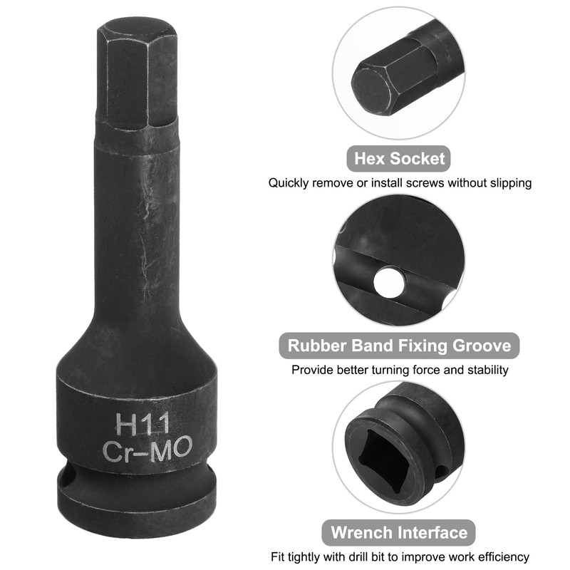 sourcing map 2pcs H11 (11mm) Hex Impact Bit Socket 1/2"