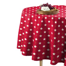 Fabric Textile Products Round Tablecloth, 100% Milliken Polyester, Machine Washable, 70" Round, Christmas Stars Red