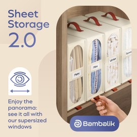 BAMBALIK 4x Bed Sheet Organizer Storage Boxes with Big See-Through Windows - Bedsheet Organizers Redesigned. Robust Bed Sheet Storage -15x13x5 in. Sheet Organizers and Storage Containers (Off-White)