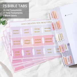 Hudinsun Pink Bible Tabs for Women and Men Study Bible(Gold Foil Stamped Lettering), 75 Tabs, Laminated Bible Index Tabs, Bible Book Tabs, Large Print Bible Labels Tabs for Easy Navigation