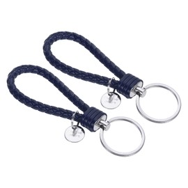 [PATIKIL] Leather Braided Key Chain with Stainless Steel Key Holder Sleeve, Pack of 2, PU Braided Wristband Strap Keychain Carrying Bag Purse Strap Pendant Dark Blue