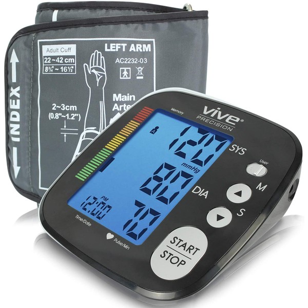 Vive Precision Blood Pressure Monitor - Heart Rate Monitor Sphygmomanometer BP Cuff Machine for Large Arms, Pulse - Digital, Automatic - Accurate Home BPM System for Hypertension - Pregnancy Must Have