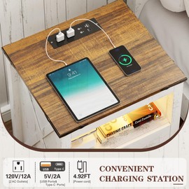 FREDEES Farmhouse Nightstand with Charging Station & Power Outlets, Smart LED Night Stand with Human Sensor 3 Color Lights&Drawers, Farmhouse End Side Table for Bedroom/Living Room, Antique White