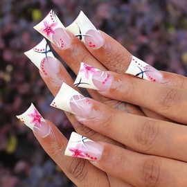 Duck Nails Press on White French Tip With Flowers Design - Glossy Full Cover Glue on Duck Feet Style False Acrylic Artificial Stick on Nails for Women - 24 Pcs