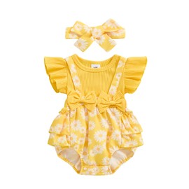 ZZLBUF Baby GIrl Daisy Outfits Bowknot Ribbed Floral Romper Ruffle Sleeve Bodysuit Headband Newborn Infant Summer Clothes (Yellow, 0-3 Months)