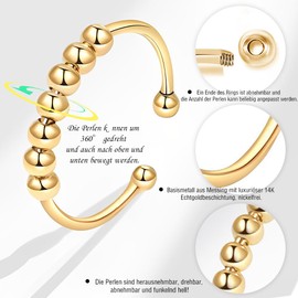 SENLINLU Anti-Stress Ring Anxiety Ring Women's Anxiety Ring Women Rings Women's Adjustable Ring with Movable Beads Spinner Ring Adjustable Rings from Size 50 to 60 (Gold), Stainless steels