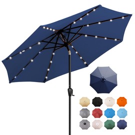 9' Round Patio Umbrella with 32 Solar Powered LED Lights, Push-Button Tilt and Hand Crank Lift, Solar Umbrella in Navy for Porch, Deck, and Patio by Sun-Ray