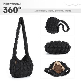 Freiesoldaten Lightweight Puffy Shoulder Bag Quilted Padding Tote Bag for Women Puffer Crossbody Hobo Bag with Zip, black