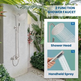 gotonovo SUS304 Outdoor Shower Fixture High Pressure Shower System Wall Mount 2 Dual Function Single Handle Shower Kit with 8 Inch Shower Head and Handheld Spray Shower Faucet Combo, Brushed Nickel