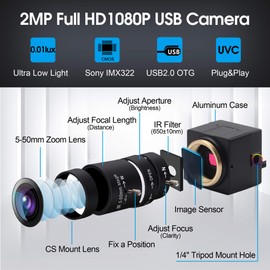 Svpro Mini USB Webcam 1080P FHD 0.01lux Low Illumination Camera with 5-50 mm Optical Zoom Lens USB Camera H.264 1/2.9 Inch IMX322 Sensor Camera for Industry, Office and Home