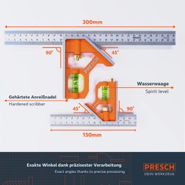 Presch Combination Square Set 150mm & 300mm Metric – Two Accurate Metal Carpenters Tools with Square Ruler – Try Square Set – High-Quality Measuring Tool – Set Square metal