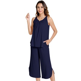 NACHILA Pajamas for Women-Viscose Made from Bamboo, Soft Sleeveless Sleepwear with Capri Pants Pajama Sets Cool Lounge Set Navy Blue M