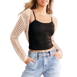 Saodimallsu Womens Crochet Bolero Shrug Sweaters Cropped Lightweight Cardigan Long Sleeve Mesh Knit Y2k Crop Tops Apricot