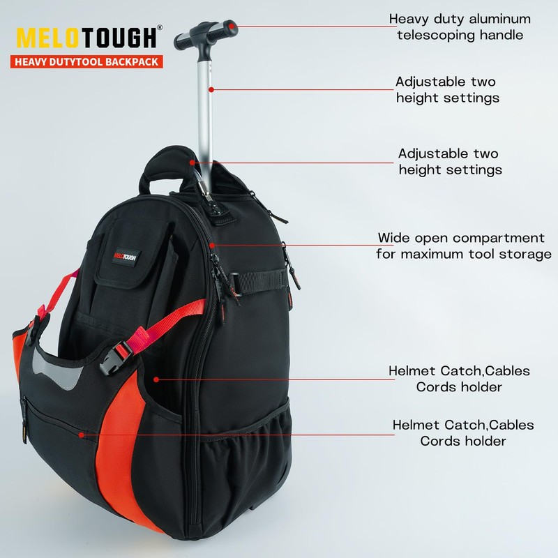 MELOTOUGH Wheeled Rolling Tool Bag Heavy Duty Tool Backpack with