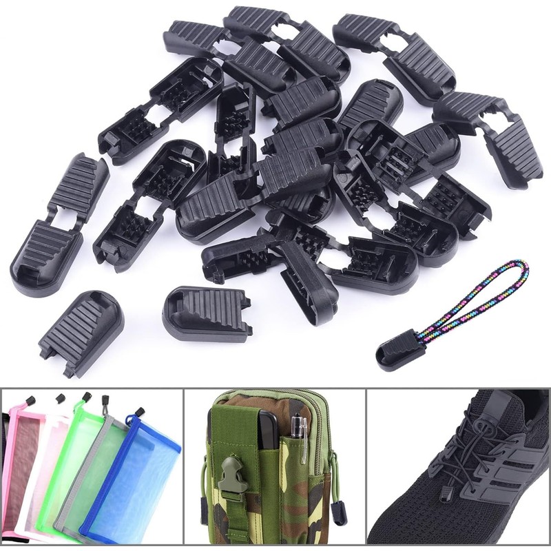50Pcs Plastic Cord Locks with 50Pcs Zipper Pull Tabs Cords