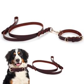 Piuness 100% Real Leather Dog Collar and Leash Set, Premium Adjustable Fit with Durable Buckle, Stylish Comfort for Dogs (Medium)