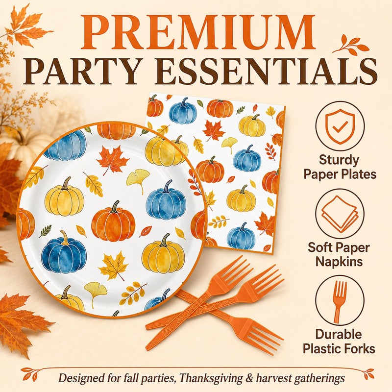 72Pcs Fall Paper Plates and Napkins Set, Autumn Pumpkin Dessert