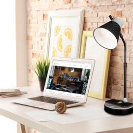 OttLite Wellness Series Wireless Charging LED Table Lamp, Black with Grey Woodgrain Accents,Touch Activated Controls, Flexible Neck, ClearSun LED Light, for Work, Study, Reading…