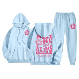 Preppy Clothes for Girls 10-12,Pink Hoodie Sweatsuits,Cute Pink Graphic Sweatsuits 2 Piece Outfit Fall Fashion 2024 Preppy Hoodie And Sweatpants Tracksuit Sets Teen Girls,B02-Sky Blue,XX-L