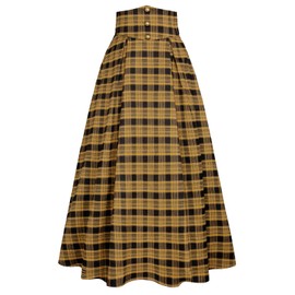 SCARLET DARKNESS Women's Victorian Plaid Maxi Skirt Elastic High Waist A-line Medieval Costume Skirt, Yellow plaid