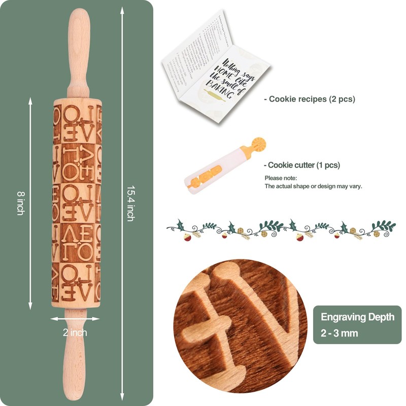 LOVE Embossed Rolling Pins for Cookies, Wooden Engraved Rolling Pins
