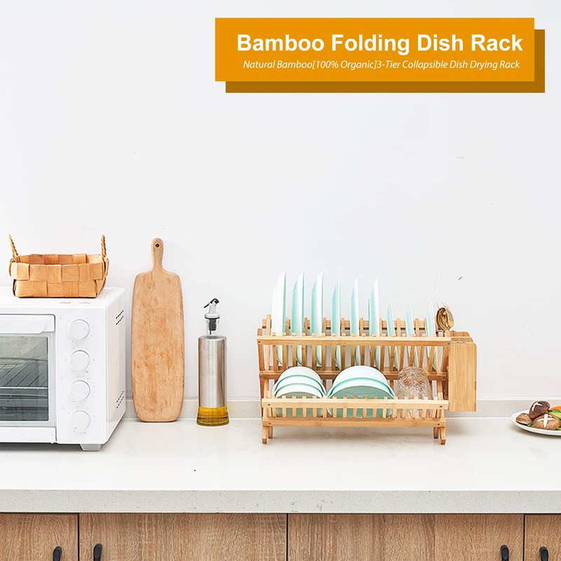 Worthyeah Bamboo Dish Drying Rack, 3-Tier Collapsible Wooden Dish Rack