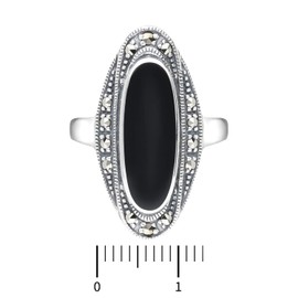 Esse Marcasite Sterling Silver Oval Black Onyx and Marcasite Art Deco Dress Ring - Size K
