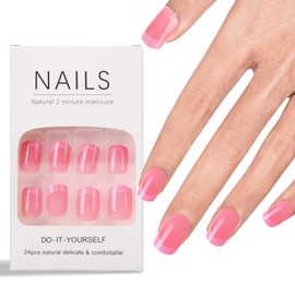 Ladiery French Press on Nails Short Square, Pink Reusable lightweight Fake Nails with Glue Tool Kit for Weddings Festival Vacation Gift 24PCS