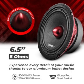 DS18 PRO-X6BM Loudspeaker - 6.5", Midrange, Red Aluminum Bullet, 500W Max, 250W RMS, 8 Ohms - Premium Quality Audio Door Speakers for Car or Truck Stereo Sound System (1 Speaker)