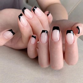 Black French Tip Press on Nails Short Coffin Fall Fake Nails Semi-Transparent Acrylic Nails Press ons Reusable Glue on Nails for Women Daily Wear 24 Pcs