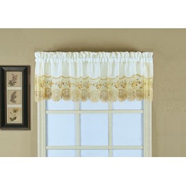 Today's Curtain, Vintage Macramé Organza Valance 14", Ecru/Gold, 58" W x 14" L