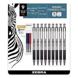 Zebra - F-301 Ballpoint Retractable Pen, Black Ink, Fine - 9 Pens