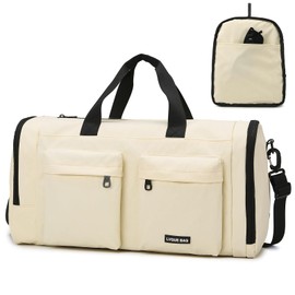 Outplea 30L Faltbare Sporttasche mit Schuhfach & Nassfach, Reisetasche Damen Herren, Sportbeutel Weekender Duffel für Fitness Yoga Reise, Beige