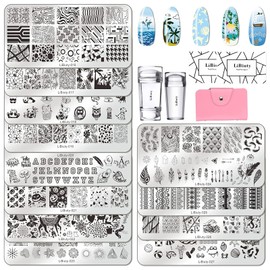 LiBiuty Nail Stamping Plates Set 12 Nail Templates & 8PCS 8ml Nail Stamping Polish Set with Nail Stamper Scraper Storage Bag Extra 4Pcs Nail Stamper Head Free