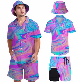 HYYFTDGS Mens 2 Pieces Hawaiian Shirt and Shorts Set Festival Outfits for Button Down Shirts Trippy Tracksuit with Bucket Hats Medium