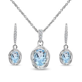 B. BRILLIANT Sterling Silver Genuine or Synthetic Gemstone Oval Love Knot Leverback Earrings & Pendant Necklace Set, Metal, Blue Topaz