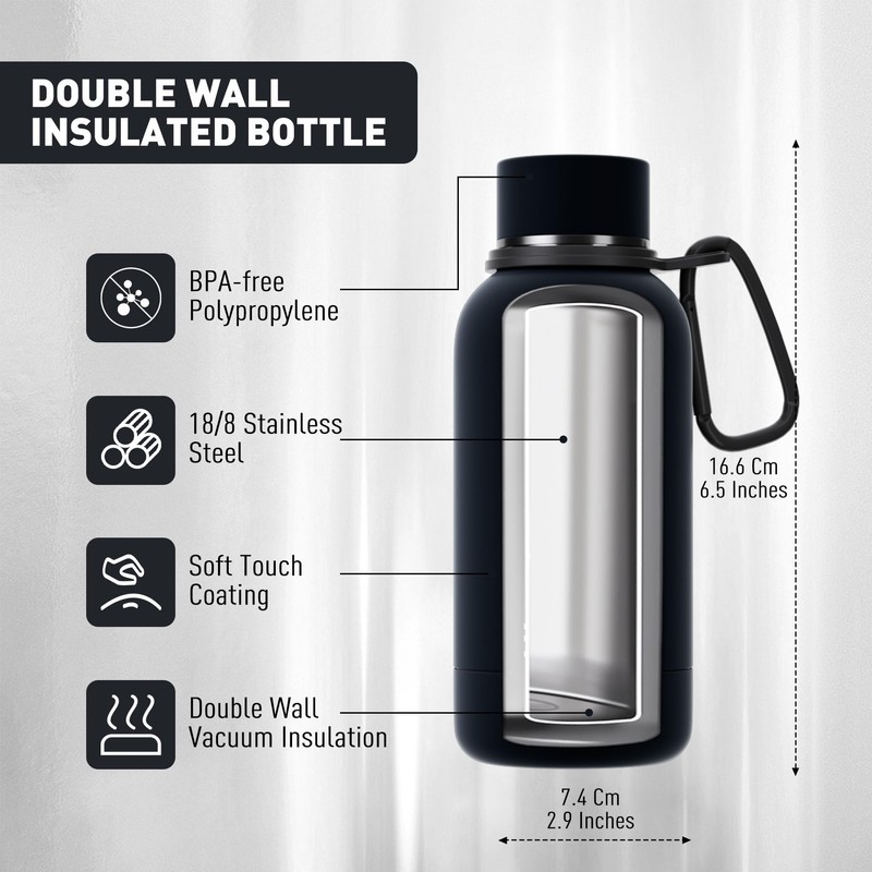 Exllena Small Water Bottle 12oz with Clip, Double Wall Stainless